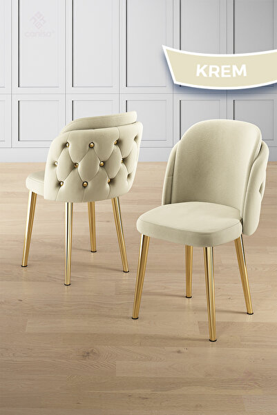 Canisa Zae Serisi 90x168 Lak Panel Beyaz Mermer Desen Gold Ayak Masa Takımı 4 Krem Sandalye