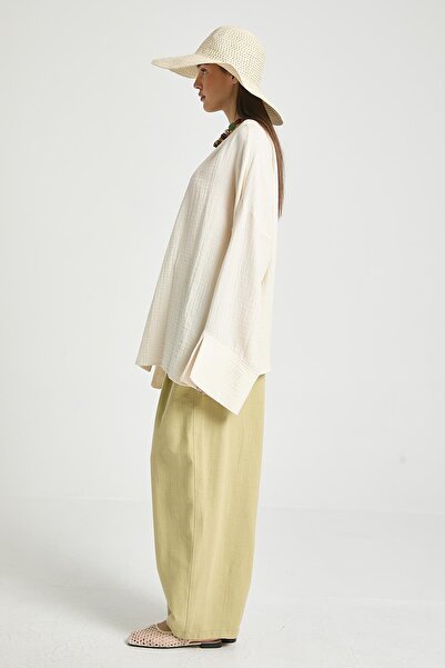 minaaise Oil Green 100% Cotton Oversize Design Trousers 29210