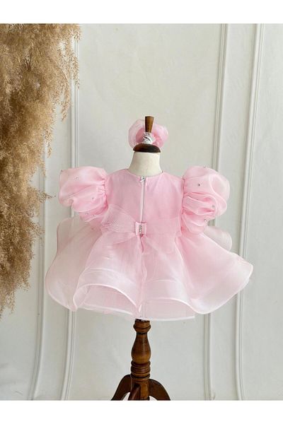 Hobidik Pink Organza Stoned Fluffy Tulle Girl's Birthday Dress, Party Dress