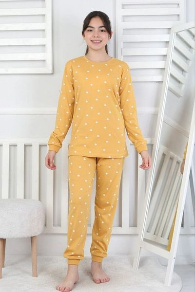 Yağmur Giyim Isob Yellow Flower Patterned 100% Cotton Girls Pajamas Set 8-13 Years 51401-S
