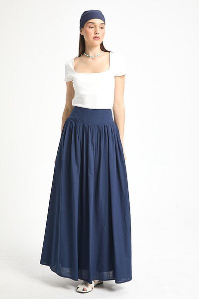 minaaise Navy Blue Waist Elastic Voile Lined Long Skirt 29269