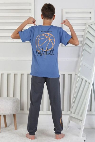 Yağmur Giyim Isob Blue Basketball Ball Pattern 100% Cotton Short Sleeve Boys Pajamas Set 8-13 Years 41516-m