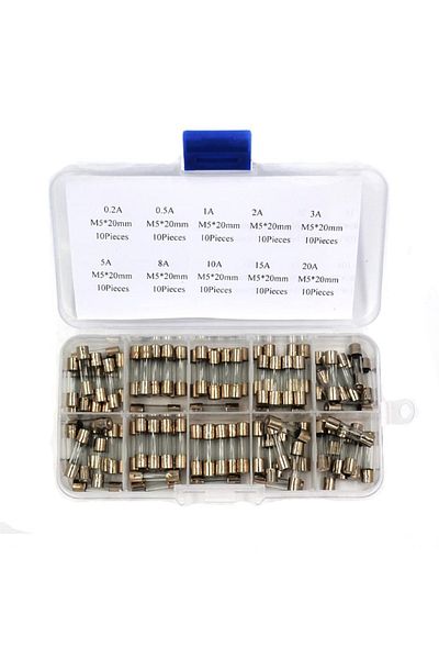 OEM Set of 100 glass fuses, various values, in box, 5x20mm