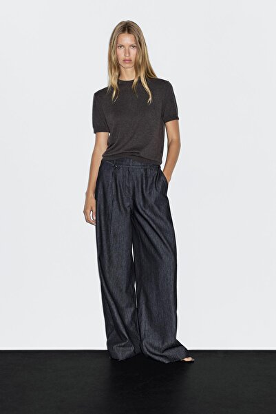 Massimo Dutti Kemerli yüksek bel geniş paça jean