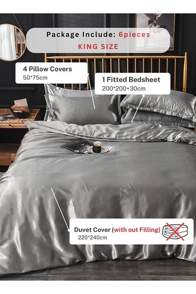 LUNA HOME Silky satin king size 6-piece bedding set, silver color 220x240cm.
