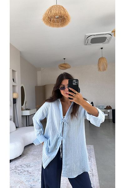 Buket Teke Baby Blue Premium Tie-Up Shirt Blouse