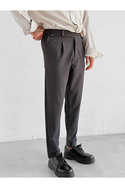 ablukaonline Men's Adjustable Buckle Pleated Fabric Trousers Brown