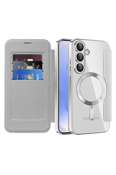 SKYDDAR INNOVATION Case for Samsung Galaxy S25 Plus, SmartMag Book, Magsafe, RFiD, Card Holder, sticker set, Gray