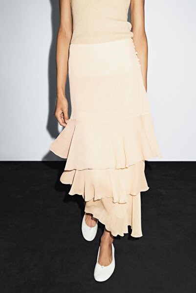 Massimo Dutti Kuşaklı fırfırlı uzun etek