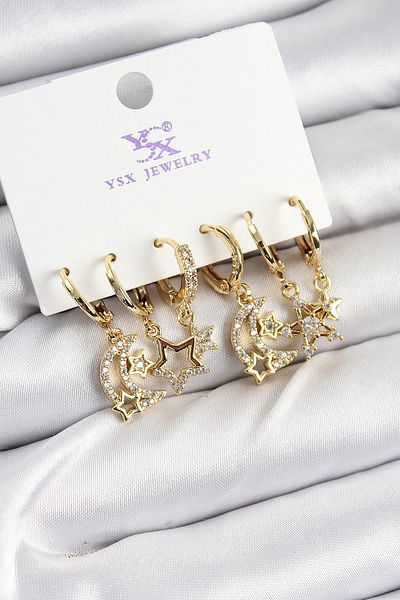 Clariss Brass Zircon Stone Moon and Star Model Gold Color 3-Piece Double Women's Earrings