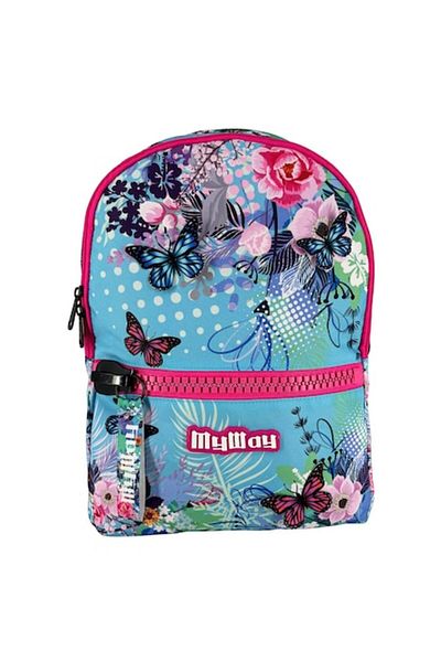 OEM Ghiozdan My Way, bleu, flori colorate, fluturi 3D, 30x19x44cm, 25L