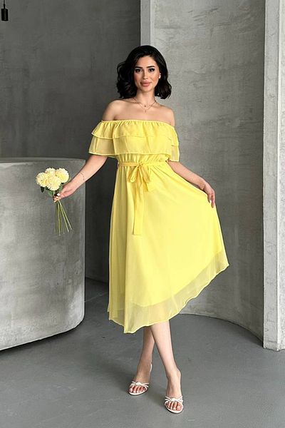 MILANOFOX Ruffled Madonna Collar Chiffon Flight Flight Woven Midi Dress – Lined, Belted, Elastic Waist, Summer