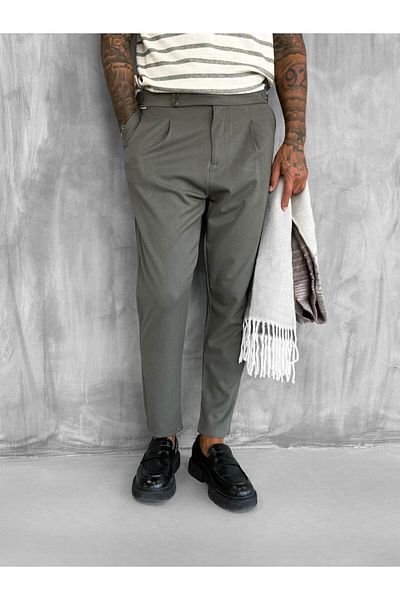 ablukaonline Men's Adjustable Buckle Pleated Fabric Trousers Khaki