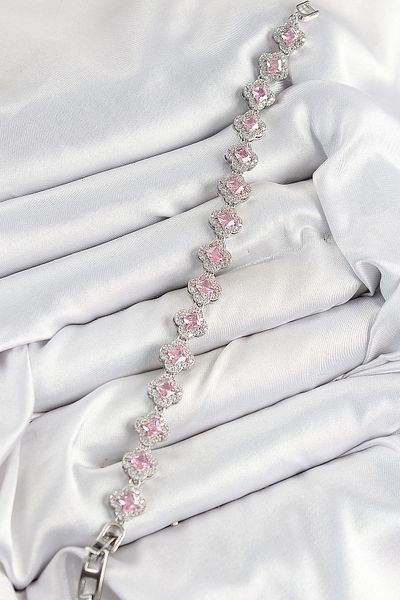 Clariss Brass Zircon Stone Pink Clover Baguette Model Silver Color Vip Series Women's Bracelet