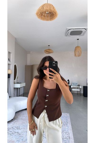 Buket Teke Brown Bow Button Fabric Vest