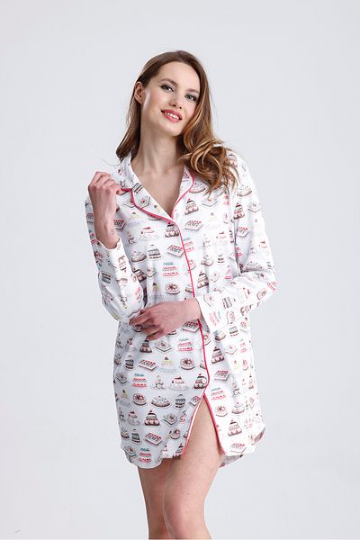 Magic Form Front Button Patterned Combed Cotton Nightgown