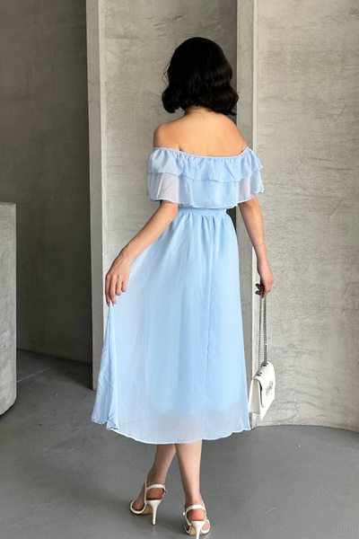 MILANOFOX Fırfırlı Madonna Yaka Şifon Uçuş Uçuş Dokuma Midi Elbise – Astarlı, Kuşaklı, Lastikli Bel, Yazlık