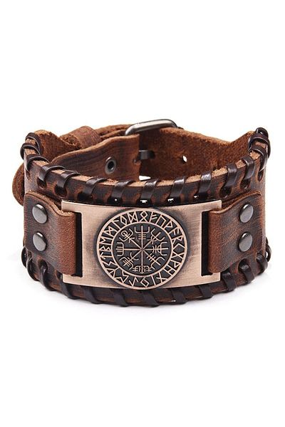 JustZEN Genuine leather bracelet with hieroglyphs and mystical compass, 27.5 cm, buckle closure