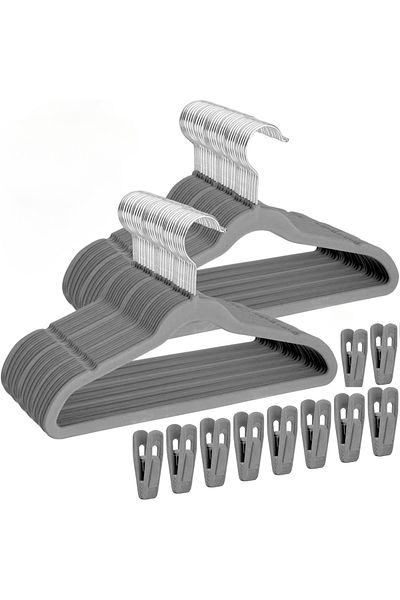 Lumely 50 Pack Velvet Hangers,with 10 Finger Clips,Non-Slip Space Saving,for Clothes Skirt Suits,Gray