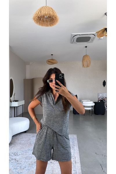 Buket Teke Gray Shorts Polo Neck Tshirt Set