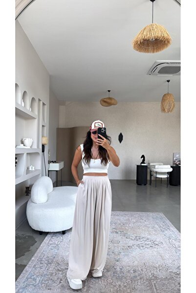 Buket Teke Beige Production Pleated Wide Leg Tracksuit