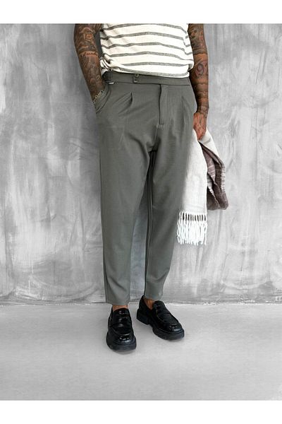 ablukaonline Men's Adjustable Buckle Pleated Fabric Trousers Khaki