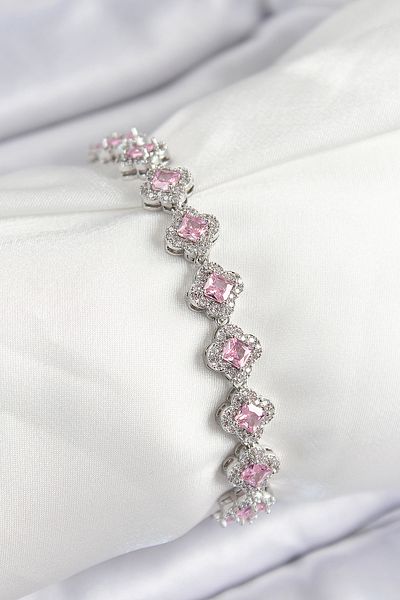 Clariss Brass Zircon Stone Pink Clover Baguette Model Silver Color Vip Series Women's Bracelet