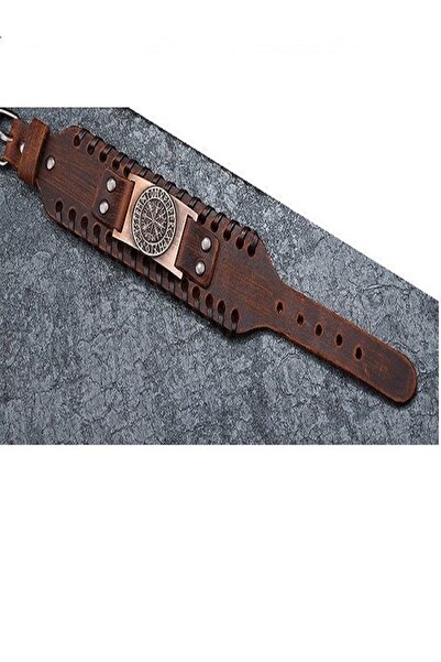 JustZEN Genuine leather bracelet with hieroglyphs and mystical compass, 27.5 cm, buckle closure