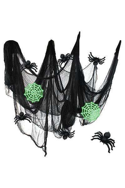 CMJBUHR Set of 2 webs and 6 spiders for Halloween CMJBUHR, polyester/plastic, black/green