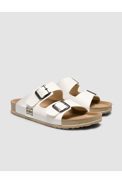Cabani White Women's Slippers with Buckle Detail