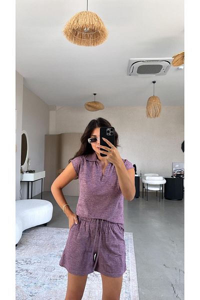 Buket Teke Polo Neck Tshirt Set with Plum Shorts