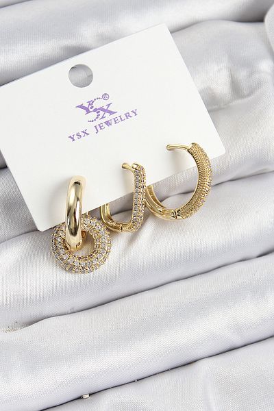 Clariss Brass Zircon Stone Hoop Model Gold Color 3-Piece Women's Earrings