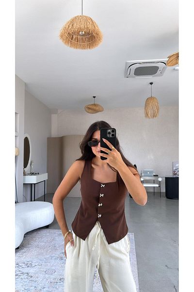 Buket Teke Brown Bow Button Fabric Vest