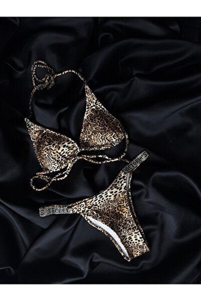 Butikshopik Butik shopik kadın leopar alt üst ipli bağlamalı bikini takımı