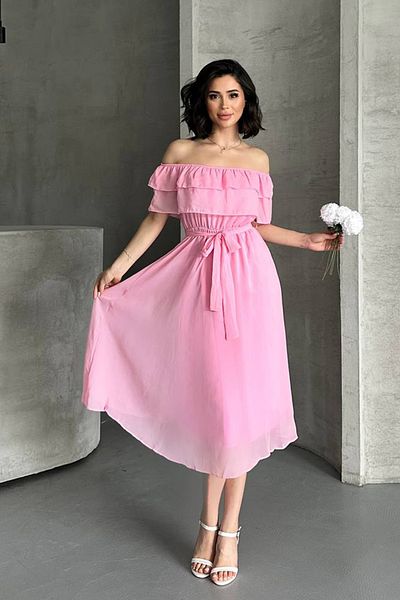 MILANOFOX Ruffled Madonna Collar Chiffon Flight Flight Woven Midi Dress – Lined, Belted, Elastic Waist, Summer