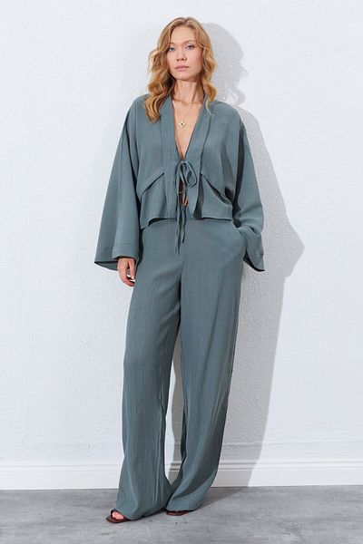 EDITION WOMAN Khaki High Waist, Draped and Wide Leg Palazzo Pants |   Ek1001850511