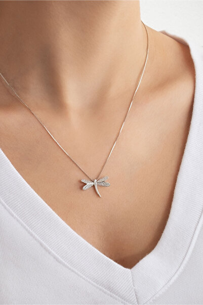 So CHIC... Uğurlu Yusufçuk 18 Ayar Beyaz Altın Kaplama 45 Cm Gümüş Minimal Kolye