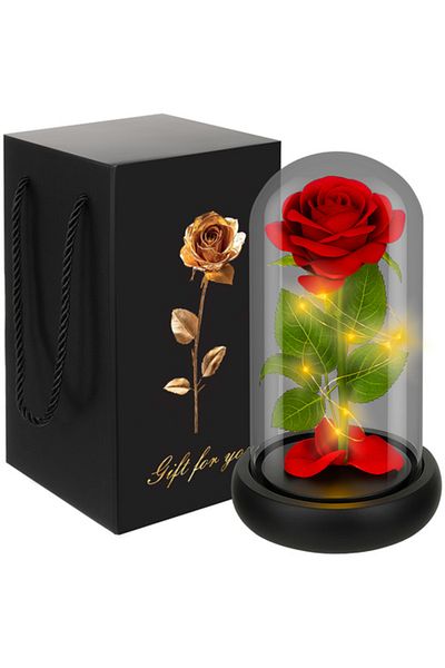 zola Trandafir decorativ in cupola de sticla, cu LED, cutie eleganta pentru cadou, 21 x 11 cm, rosu