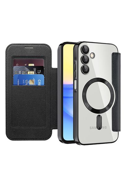 SKYDDAR INNOVATION Case for Samsung Galaxy A15 4G 5G, SmartMag Book, Magsafe, RFiD, Card Holder, sticker set, Black