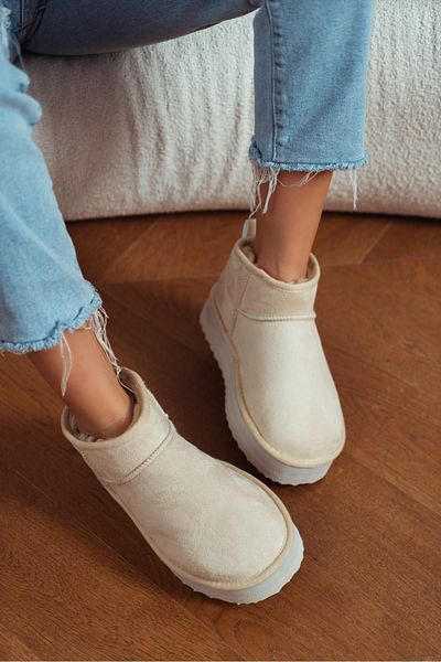 StWenn W Classic Ultra Mini Platform Chestnut Mini Tan Suede Γυναικείες μπότες με χοντρή σόλα με γούνα στο εσωτερικό