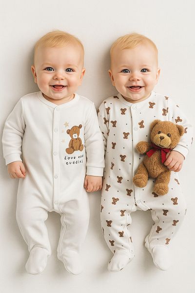 İZYALİF BABY طقم بذلة للأولاد الصغار مكون من قطعتين مع قفازات ذاتية الصنع من القطن بنمط الدب