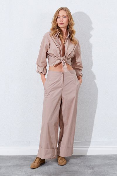 EDITION WOMAN Mink Gabardine High Waist Double Leg Palazzo Women's Trousers |   Ek100664911