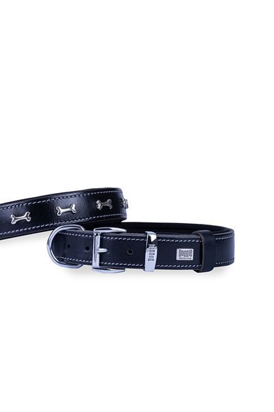 Doggie طوق كلب من الجلد المريح مزين بالعظام أسود متوسط 2.5x37-45 سم