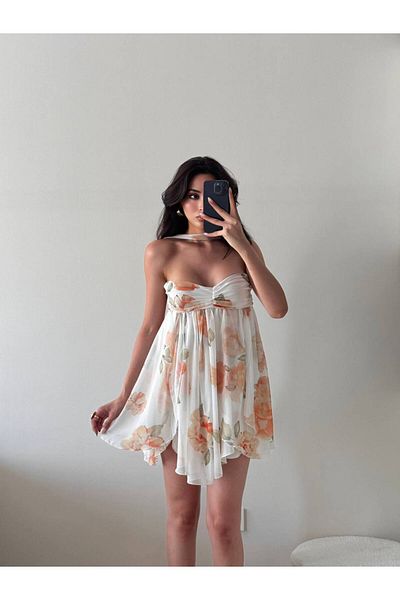 LOCH BUTİK Women's White Strapless Wrap Shorts Mini Dress