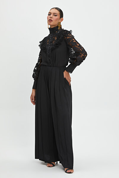 SERPİL Kadın Dantel Detaylı Uzun Kollu Bluz - Yüksek Yaka, Transparan Kol, Şık ve Modern Tasarım