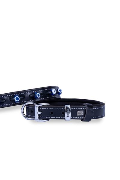 Doggie طوق كلب من الجلد المريح مزين بالخرز على شكل عين الشر أسود متوسط 2x35-40 سم
