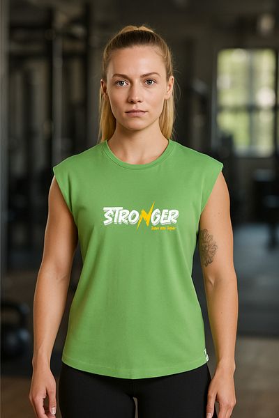 BESSA Tricou/singlet fără mâneci din bumbac oversize verde imprimat pentru femei