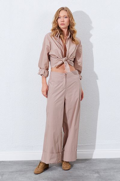 EDITION WOMAN Mink Gabardine High Waist Double Leg Palazzo Women's Trousers |   Ek100664911