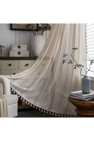 COOYA Sheer Curtains,Boho Curtains for Living Room Lace Curtains 2 Panel,Curtain Drapes for Bedroom,Beige