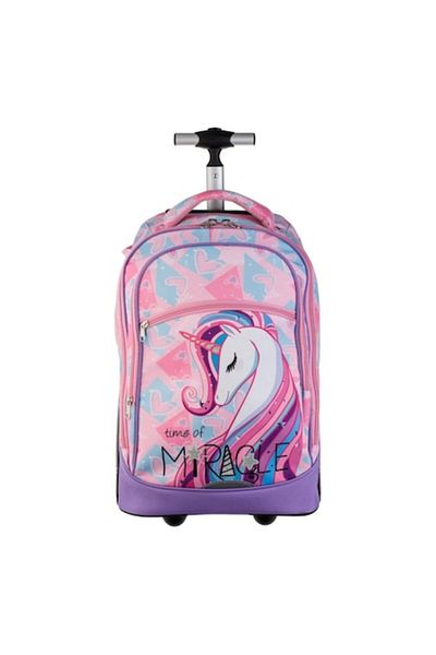 OEM Ghiozdan Troler, roz lila, model unicorn, 33x25x50cm, cu 2 compartimente mari